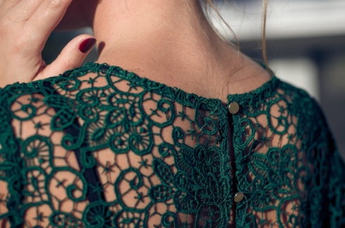Emerald-green-lace-top-Zara-golden-buttons