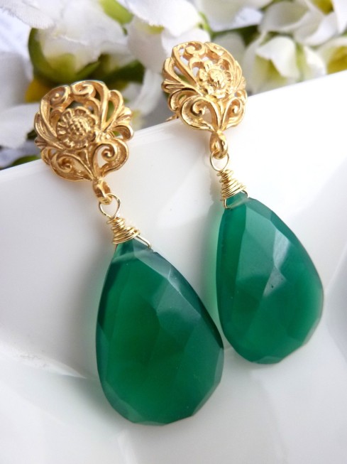 JCGemsJewelry - 18-Karat Gold Vermeil Emerald Green Onyx Earrings inpsied by Angelina Jolie